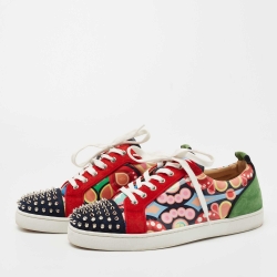 Pre Owned Christian Louboutin Multicolor Printed Patent Leather and Suede Louis Junior Spike Low Top Sneakers Size 44