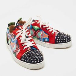 Pre Owned Christian Louboutin Multicolor Printed Patent Leather and Suede Louis Junior Spike Low Top Sneakers Size 44