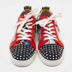 Pre Owned Christian Louboutin Multicolor Printed Patent Leather and Suede Louis Junior Spike Low Top Sneakers Size 44