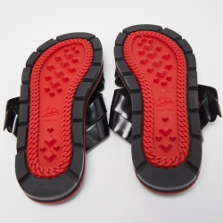 Pre Owned Christian Louboutin Black Leather Cross Strap Buckle Embellished Flat Sandals Size 40.5