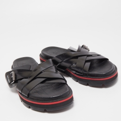 Pre Owned Christian Louboutin Black Leather Cross Strap Buckle Embellished Flat Sandals Size 40.5