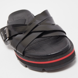 Pre Owned Christian Louboutin Black Leather Cross Strap Buckle Embellished Flat Sandals Size 40.5