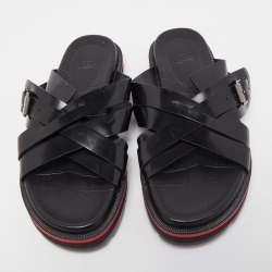 Pre Owned Christian Louboutin Black Leather Cross Strap Buckle Embellished Flat Sandals Size 40.5