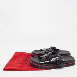 Pre Owned Christian Louboutin Black Leather Cross Strap Buckle Embellished Flat Sandals Size 40.5