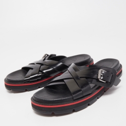 Pre Owned Christian Louboutin Black Leather Cross Strap Buckle Embellished Flat Sandals Size 40.5