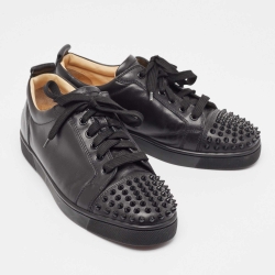 Pre Owned Christian Louboutin Black Leather Louis Junior Spikes Sneakers Size 41