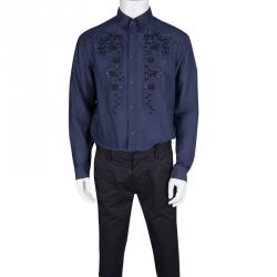 Class By Roberto Cavalli Navy Blue Cotton Silk Embroidered Long Sleeve Shirt L