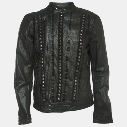 Class by Roberto Cavalli Black Studded & Beaded Leather Biker Jacket M