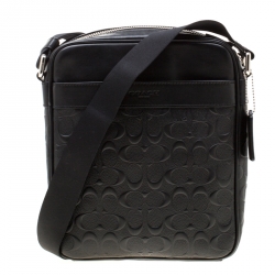 Coach Black Signature Embossed Leather Flight Messenger Bag