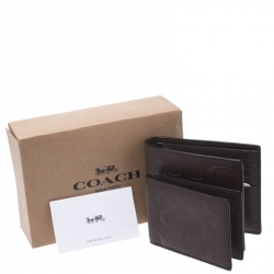 Coach Dark Brown Signature Leather Compact Bifold Wallet