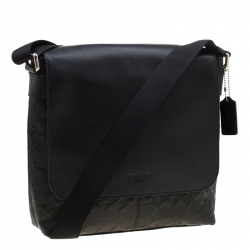 Coach Black Signature Embossed Leather Charles Messenger Bag
