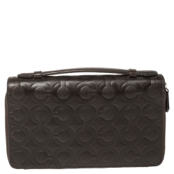 Coach Dark Brown Signature Embossed Leather Double Zip Clutch