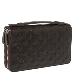 Coach Dark Brown Signature Embossed Leather Double Zip Clutch