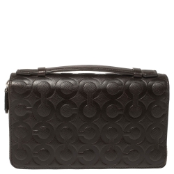 Coach Dark Brown Signature Embossed Leather Double Zip Clutch