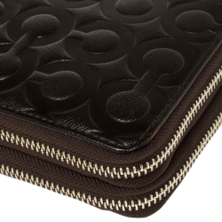 Coach Dark Brown Signature Embossed Leather Double Zip Clutch
