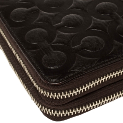 Coach Dark Brown Signature Embossed Leather Double Zip Clutch