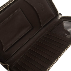 Coach Dark Brown Signature Embossed Leather Double Zip Clutch