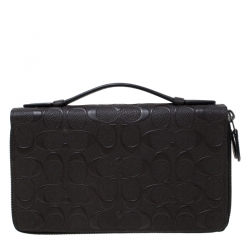 Coach Dark Brown Signature Embossed Leather Double Zip Travel Organizer
