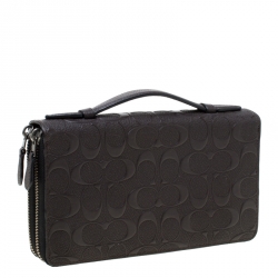 Coach Dark Brown Signature Embossed Leather Double Zip Travel Organizer