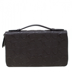 Coach Dark Brown Signature Embossed Leather Double Zip Travel Organizer