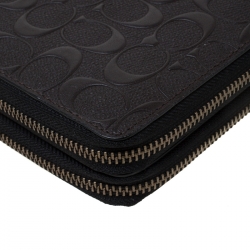 Coach Dark Brown Signature Embossed Leather Double Zip Travel Organizer