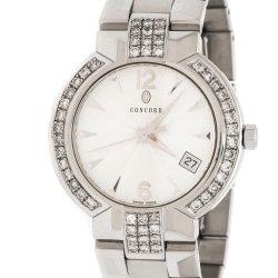 Pre Owned Concord Silver White Stainless Steel Diamonds La Scala 14.CZ.1891 Men's Wristwatch 38 mm
