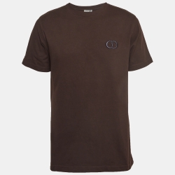 Brown Logo Embroidered Cotton Neck T-Shirt