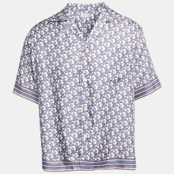 Blue Oblique Pixel Printed Silk Short Sleeve Shirt
