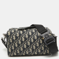 Pre Owned Dior Black/Navy Blue Oblique Canvas and Leather Lingot 22 Bag