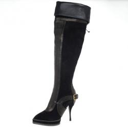 مملوكة مسبقًا Christian Dior Black Suede &amp; Leather Lace Up Intrigante Over The Knee Boots Size 38.5