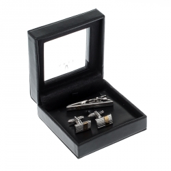 Pre Owned Dior Logo Stripe Two Tone Metal Tie Pin Cufflink Set