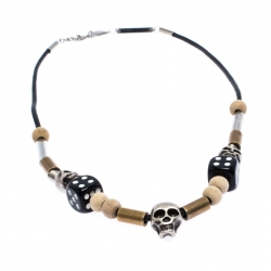 Pre Owned Dior Skulls & Dice Beads Black Leather Cord Necklace