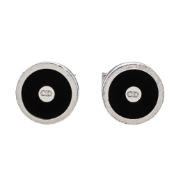Pre Owned Dior Homme Palladium Plated Black Lacquer Logo Cufflinks
