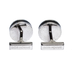 Pre Owned Dior Homme Palladium Plated Black Lacquer Logo Cufflinks