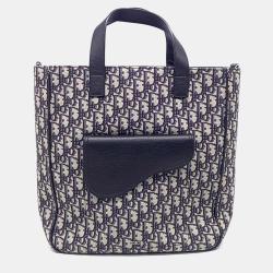 Pre Owned Dior Homme Oblique Beige/Navy Blue Canvas Saddle Tote and Shoulder Bag 1ADSH175YKS