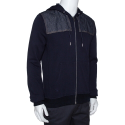 Pre Owned Dior Homme Navy Blue Cotton Denim Trim Zip Front Hooded Jacket L