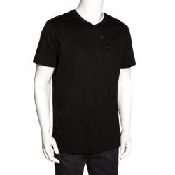 Pre Owned Dior Homme Black Cotton Floral Applique Detail Crew Neck T Shirt XL