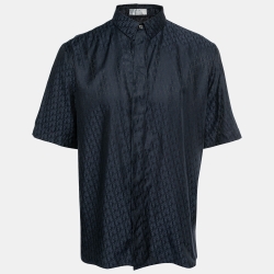 Dior Navy Blue Logo Jacquard Silk Button Front Short Sleeve Shirt L