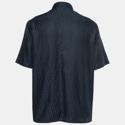 Dior Navy Blue Logo Jacquard Silk Button Front Short Sleeve Shirt L