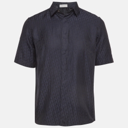 Pre Owned Dior Navy Blue Monogram Patterned Silk Blend Buttoned Up Shirt XXS