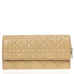 Pre Owned Christian Dior Beige Cannage Lambskin 'Lady Dior' Continental Wallet
