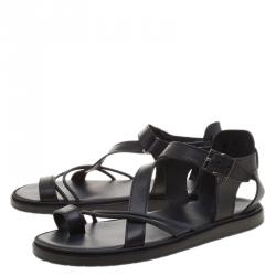 Pre Owned Dior Homme Black Leather Toe Ring Cross Strap Sandals Size 43.5