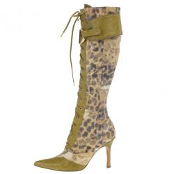 مملوكة مسبقًا Dior Green Ostrich Leopard Print Lace-Up Knee Boots Size 37.5