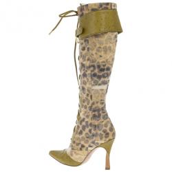 مملوكة مسبقًا Dior Green Ostrich Leopard Print Lace-Up Knee Boots Size 37.5