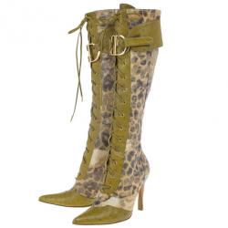 مملوكة مسبقًا Dior Green Ostrich Leopard Print Lace-Up Knee Boots Size 37.5