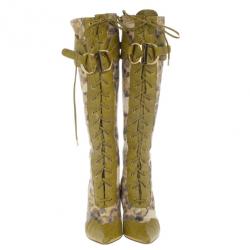 مملوكة مسبقًا Dior Green Ostrich Leopard Print Lace-Up Knee Boots Size 37.5