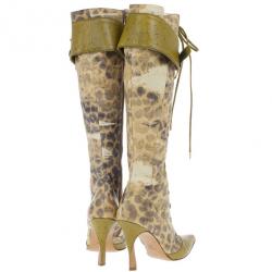 مملوكة مسبقًا Dior Green Ostrich Leopard Print Lace-Up Knee Boots Size 37.5