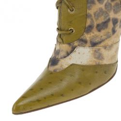 مملوكة مسبقًا Dior Green Ostrich Leopard Print Lace-Up Knee Boots Size 37.5