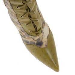 مملوكة مسبقًا Dior Green Ostrich Leopard Print Lace-Up Knee Boots Size 37.5