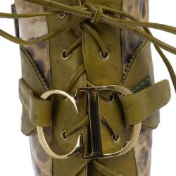 مملوكة مسبقًا Dior Green Ostrich Leopard Print Lace-Up Knee Boots Size 37.5